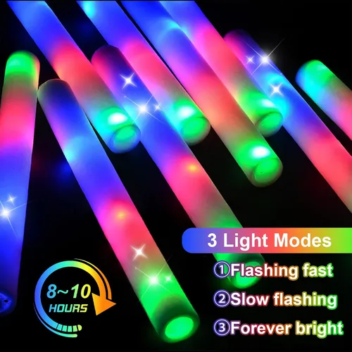 Vista 3 de 24 varillas de espuma iluminadas, bastones de espuma LED brillantes con 3 modos de efecto intermitente colorido, brillan en la oscuridad