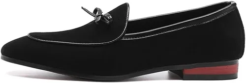 Vista 2 de REIHUANNE Mocasines belgas sin cordones de gamuza para hombre, zapatos de vestir con estilo esmoquin con clase, zapatillas de fumar de moda
