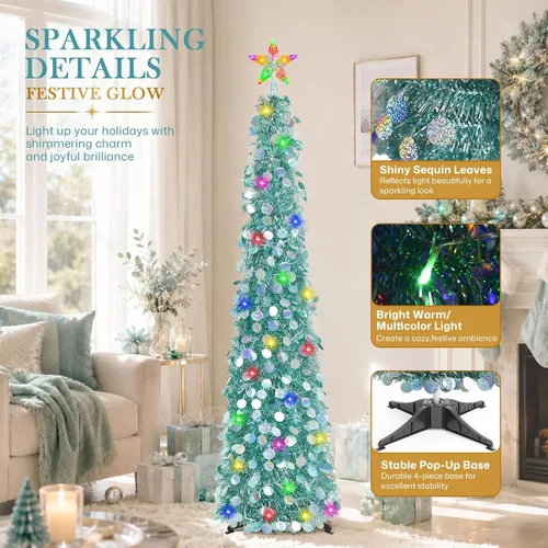 Vista 6 de MACTING Árbol de Navidad desplegable con 50 luces LED con temporizador, 5 pies, árbol de lápiz de oropel plegable de fácil montaje, árbol artificial