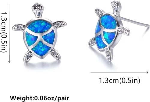 Vista 3 de Juego de collar y aretes de tortuga marina de ópalo para mujeres y niñas, hipoalergénicos, delicados, lindos animales del océano, piedra natal azul