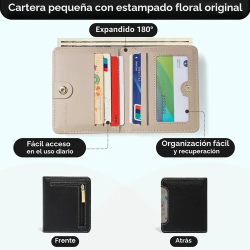 Vista 4 de Billetera pequeña para mujer, con bloqueo RFID, de piel, plegable, para tarjetas de crédito, con ventana de identificación, con cremallera, bolsillo