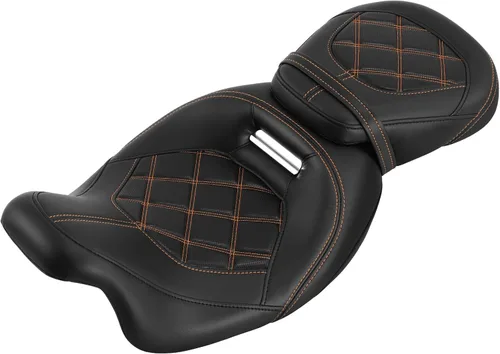 Vista 13 de XFMT Asiento de motocicleta de perfil bajo de dos piezas para 2 personas, asiento para conductor y pasajero para Harley Touring Road King Street