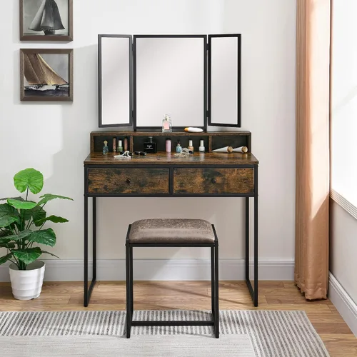 Vista 2 de Juego de mesa de tocador con taburete tapizado, escritorio con 2 cajones, maquillaje