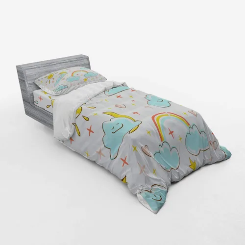 Vista 2 de Lunarable Juego de ropa de cama de dibujos animados, estampado de sol, nube, arco iris, luna, lluvia, clima, juego de funda de edredón de 3 piezas