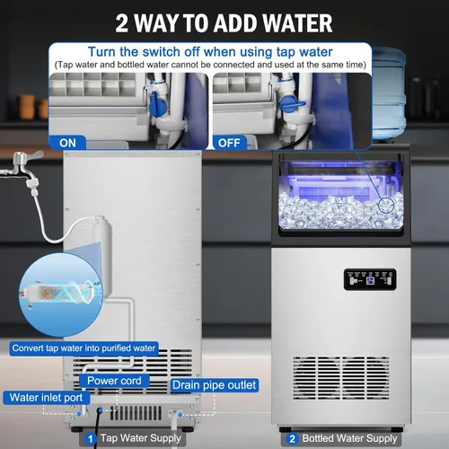 Vista 2 de 110 lbs Commercial Ice Maker Undercounter Built-in Freestanding Self-Clean Máquina de hielo, cubo de hielo, temporizador, ajustable, agua dual