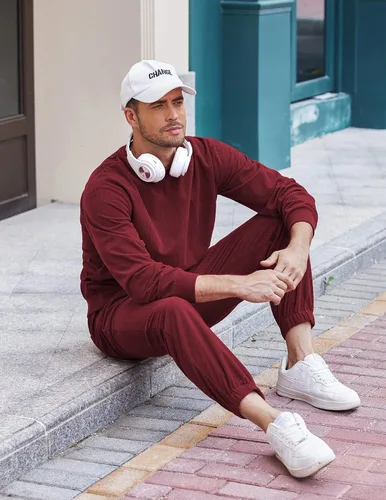 Vista 4 de COOFANDY Conjunto deportivo de 2 piezas para hombre, sudadera de manga larga, sin botones, para deportes, casual, fitness, trotar