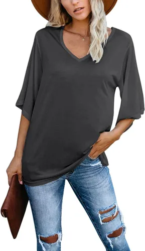 Vista 3 de cordat Blusa suelta para mujer, cuello en V, manga 34 acampanada, longitud hasta el codo, camisetas para mujer