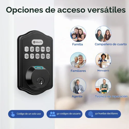 Vista 3 de Solity Cerradura electrónica digital inteligente, entrada sin llave, bloqueo automático, 50 códigos personalizados y huellas dactilares, fácil