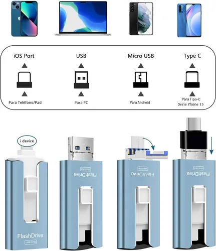 Vista 2 de Unidad flash USB de 256 GB para teléfono y almohadilla, memoria USB externa de alta velocidad para guardar más fotos y videos (azul, 256 GB)