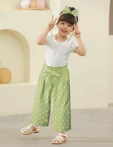 Vista 48 de DONWEN Conjunto de 3 piezas de ropa para niñas pequeñas y niñas con cuello cuadrado + pantalones elegantes + diadema para primavera y verano