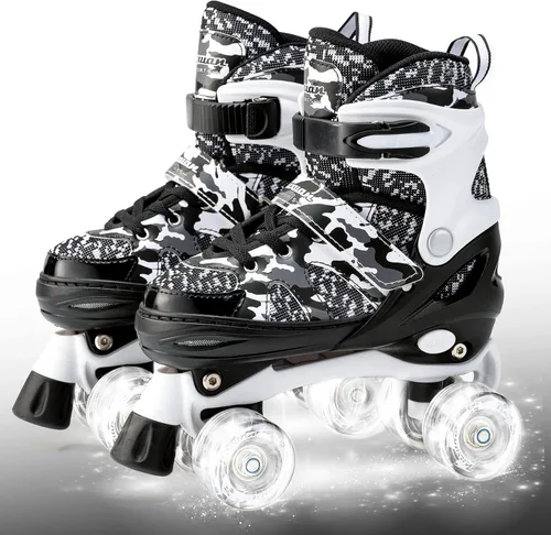 Vista 7 de Kuxuan Skates Patines ajustables de camuflaje para niños y niñas con ruedas iluminadas, divertidos patines iluminadores para niños, niñas y jóvenes