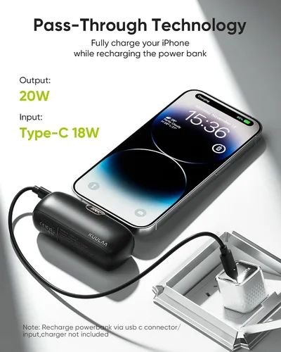 Vista 8 de Kuulaa Cargador portátil pequeño para iPhone con cable Lightning integrado de 5000 mAh, batería externa de carga rápida para iPhone 14/13/13