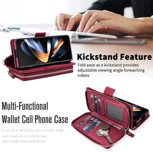Vista 4 de Compatible con Samsung Galaxy Z Fold 3 5G 2021 - Funda tipo cartera con cremallera y bloqueo RFID, correa para tarjetero, ranuras para tarjetas Rojo