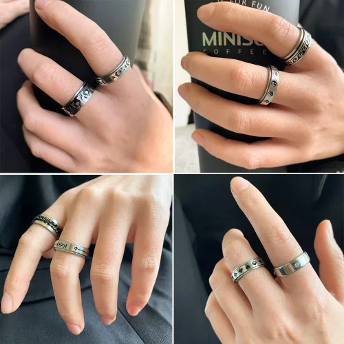 Vista 5 de Anillos antiestrés de acero inoxidable para hombres, anillos plateados para ansiedad para mujeres, juego de anillos giratorios geniales, paquete