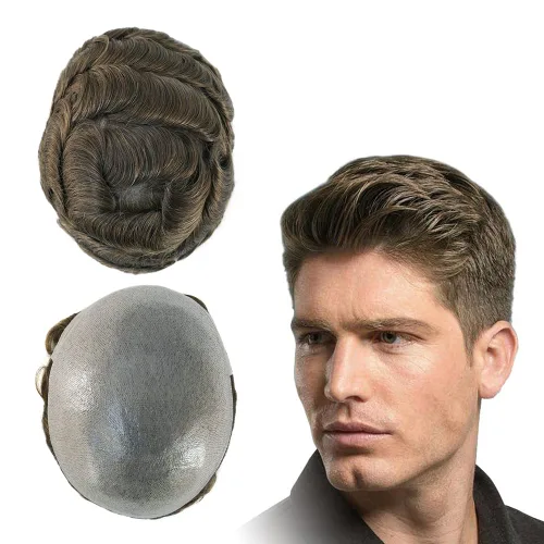 Vista 11 de HAIR NATURE Toupee para hombres, sistemas de reemplazo de cabello humano, 0.001 in piel ultra fina V-looped Jet Black piezas de cabello 8x10#1