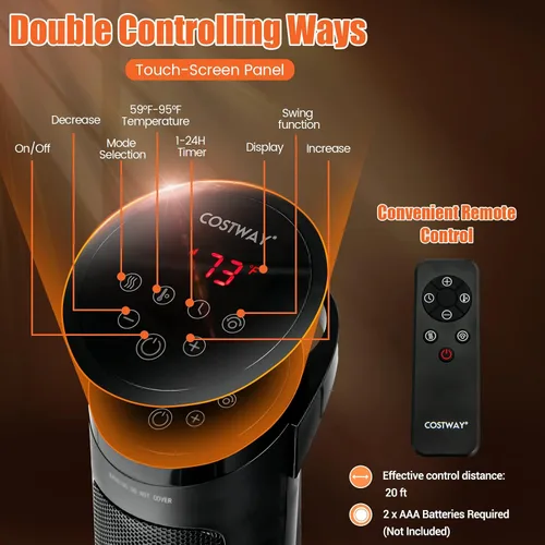 Vista 6 de COSTWAY Calentador de espacio para uso en interiores, calentador de cerámica PTC de 1500 W con oscilación de 60°, 3 modos, temporizador de 24 horas