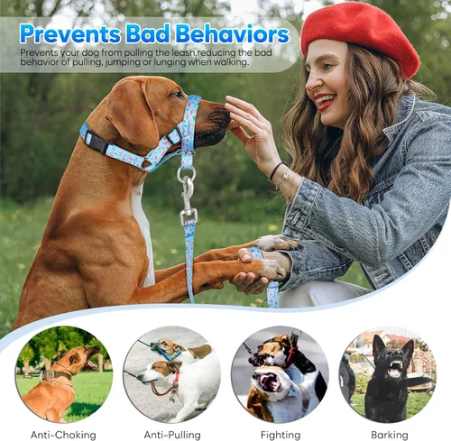 Vista 3 de Collar de cabeza de perro, cuello impreso sin tirones, ajustable para cabeza de perro, correa suave con enlace de seguridad, correa de bozal de 3