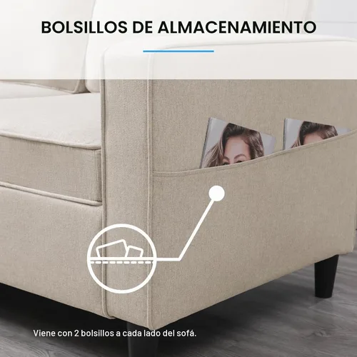 Vista 5 de PUREMIND Juego de sofá de 2 piezas, moderno juego de sofá y silla en forma de L de lino con otomana de almacenamiento y bolsillo lateral, sofás