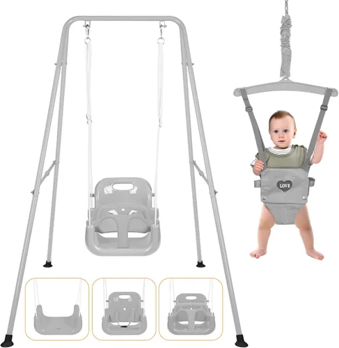 Vista 11 de Juego de columpio 4 en 1 para niños pequeños y jersey para bebé, columpio resistente para niños con rebotador, soporte plegable de metal