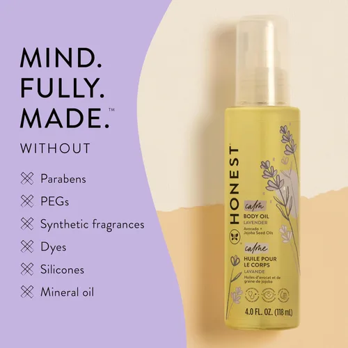 Vista 2 de The Honest Company Aceite corporal calmante con infusión de lavanda hidrata, nutre y calma la piel del bebé, hipoalergénico a base de plantas