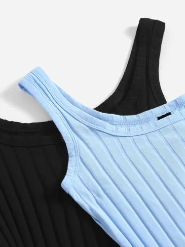 Vista 3 de SheIn Vestido corto sin mangas de punto acanalado liso para mujer, 2 piezas