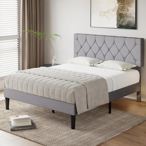 Vista 3 de VECELO Base de cama tamaño Queen con cabecera capitoné con botones, plataforma tapizada con soporte de listones de madera, no necesita somier