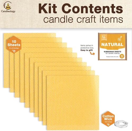 Vista 2 de Hojas de cera de abeja natural para hacer velas (paquete de 10 hojas con mechas de algodón), tono amarillo natural, kit de enrollamiento de velas