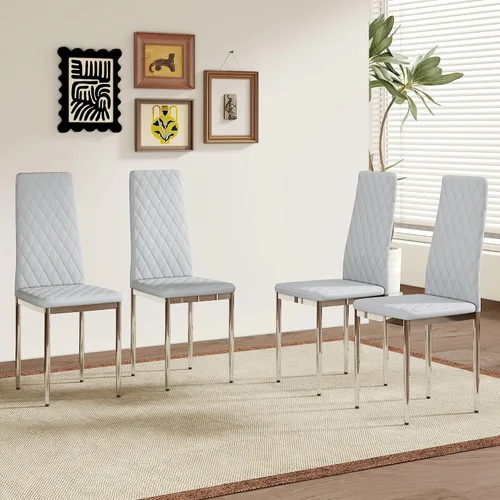 Vista 11 de Juego de 8 sillas de comedor modernas, sillas de cocina tapizadas minimalistas con respaldo alto, sillas laterales sin brazos con patas de metal