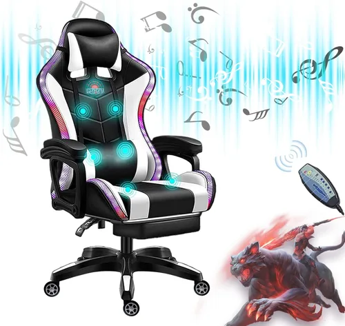 Vista 11 de Silla de juegos para adultos con reposapiés y masaje, silla de videojuegos con altavoces y luces LED RGB, piel sintética, sillas ergonómicas