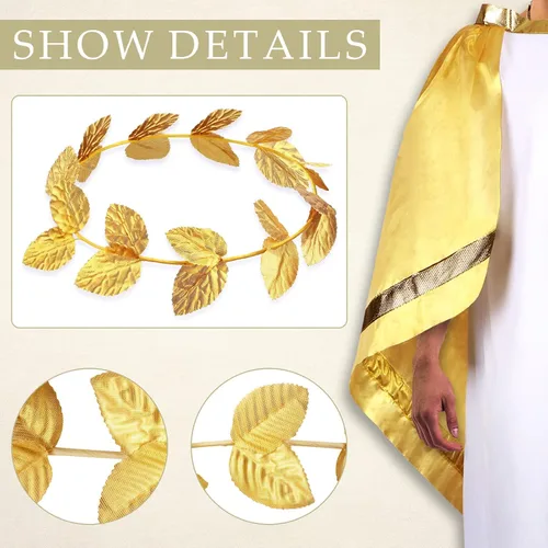 Vista 4 de SATINIOR Disfraz de Dios griego Toga romano blanco disfraz de Toga para adultos túnica con corona de hojas tocado de corona de laurel dorado