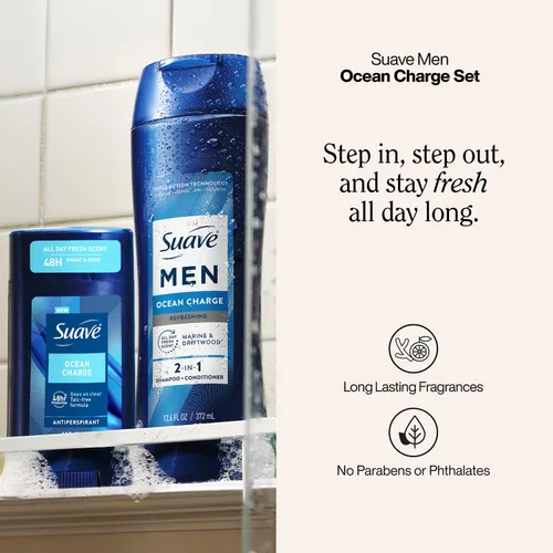 Vista 3 de Suave Champú y acondicionador 2 en 1 para hombre, Ocean Charge + desodorante antitranspirante para hombres, Ocean Charge, protección contra el sudor