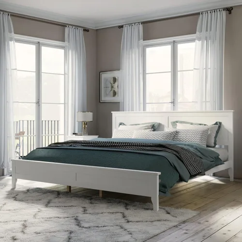 Vista 3 de Cama de plataforma tamaño King, marco de cama moderno de madera maciza, no necesita somier, color blanco