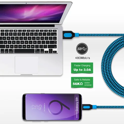 Vista 5 de Canjoy Cable USB C, paquete de 3 cables trenzados de carga rápida tipo C de Azul