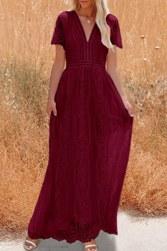 Vista 7 de PRETTYGARDEN - Vestido largo de encaje floral para mujer, manga corta, cuello en V, vestidos de fiesta para boda y para la noche