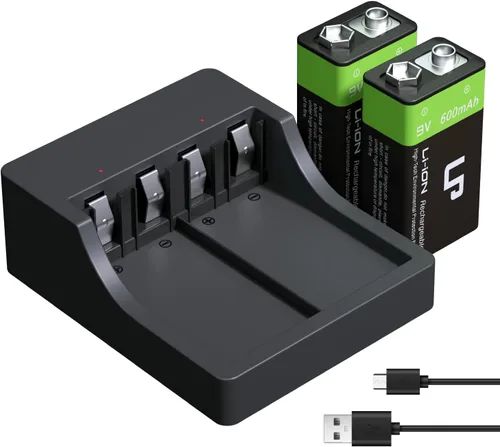 Vista 8 de LP Paquete de baterías recargables de 9V, paquete de 2 unidades, 800mAh de iones de litio, 9 voltios, batería USB con puerto de carga Micro USB