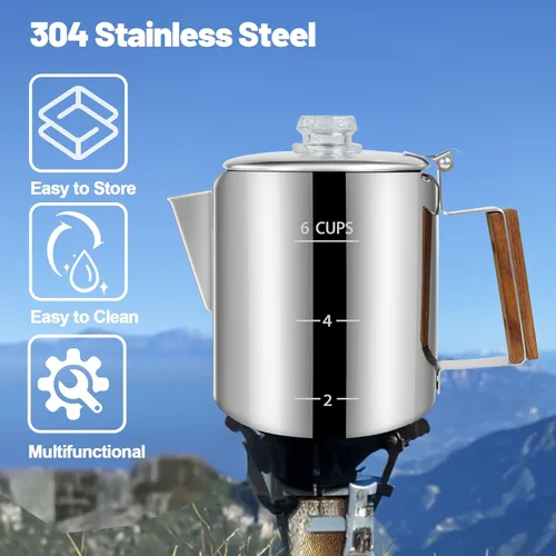 Vista 4 de Percolador de 6 tazas de acero inoxidable 304, cafetera con mango de madera maciza, perilla transparente, estufa Greca Mocha para inducción, hogar