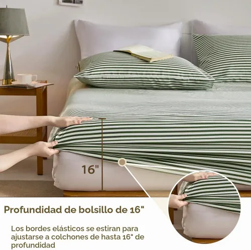 Vista 3 de JELLYMONI Sábana Bajera Ajustada 100% Algodón, Tamaño Queen, Verde Rayado, Extra Profunda 16”, Ultra Suave y Transpirable, Bolsillo Profundo 0901