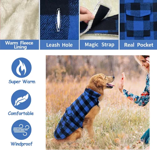 Vista 3 de Malier Chaqueta clásica de forro polar a cuadros con bolsillo, abrigo cálido a prueba de viento para perro, chaleco de invierno para mascotas, ropa