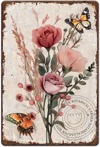 Vista 11 de Letrero de metal con flores vintage de 0.79 x 1.18 pulgadas, narcisos retro, tulipán, cubeta de hierro, póster de arte de pared para habitación