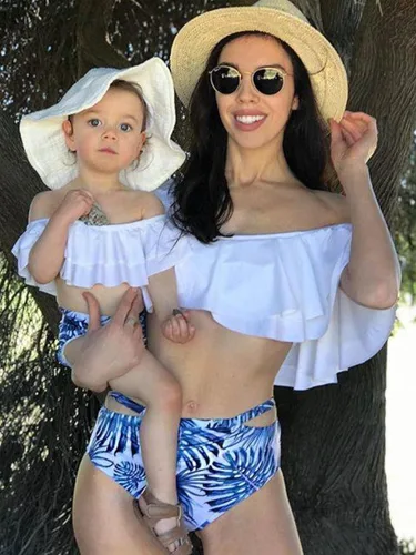 Vista 5 de IFFEI - Conjunto de bikini de dos piezas, traje de baño a juego para la familia, trajes de baño Mommy and Me (mami y yo) con volantes y estampados