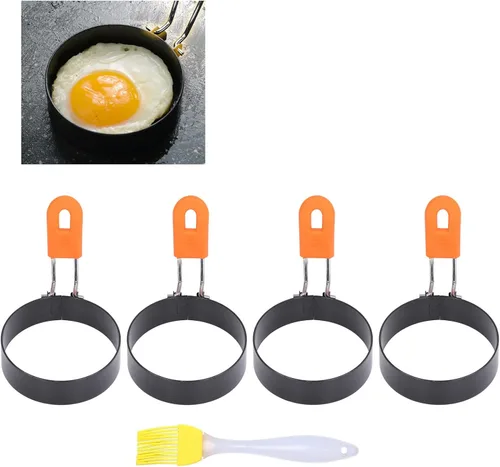 Vista 6 de Haofy Egg Rings 4Pcs Stainless Steel Silicone Non Stick Fried Egg for Breakfast Hamburger Patty, Heat Insulation Handle Easy Demolding with Cleaning