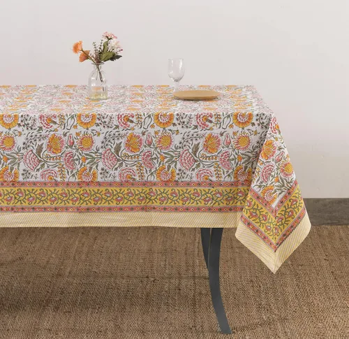 Vista 4 de Labhanshi Mantel redondo de 108 pulgadas con estampado de bloques de mano indio, 108 pulgadas, 10 plazas y rectangular, 60 x 90 pulgadas, mantel