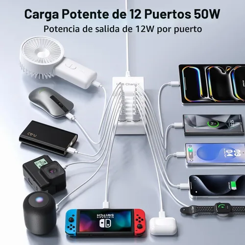Vista 6 de Estación de carga USB, 12 puertos (6 USB + 6 USBC) Hub de cargador USB, tira de alimentación USBC múltiple de 50 W para iPhone, Samsung, tableta