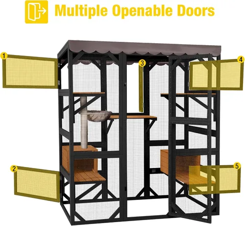Vista 2 de Wooden Catio Outdoor Cat - Amplio condominio para gatos con 7 plataformas de escalada, 2 acogedoras casas de siestas, panel de ventana expandible