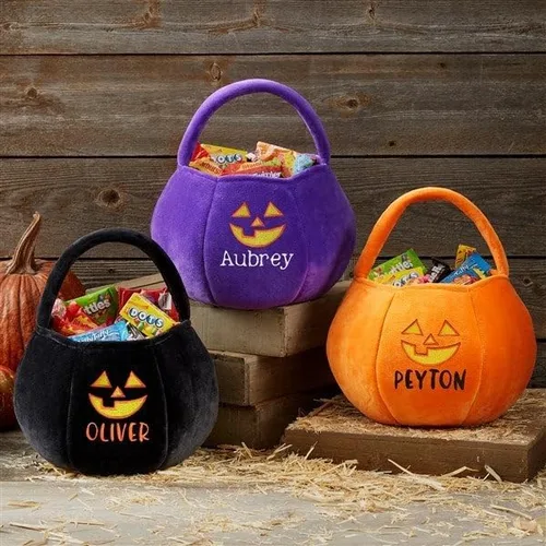 Vista 3 de Personalization Universe Jack-o'-Lantern - Bolsa bordada de felpa para Halloween, bolsa de dulces, perfecta para truco o trato