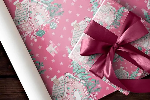 Vista 7 de Hermoso papel de regalo para casa de bastones de caramelo, rosa oscuro, rosa, grueso, papel de regalo de Navidad, turquesa, decoración navideña