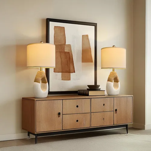 Vista 6 de Lámparas de Mesa Boho de 22" para Dormitorio Sala de Estar Conjunto Mejorado de 2 Lámparas de Mesa de Ratán Medianas Estilo Casa de Campo, Blanco