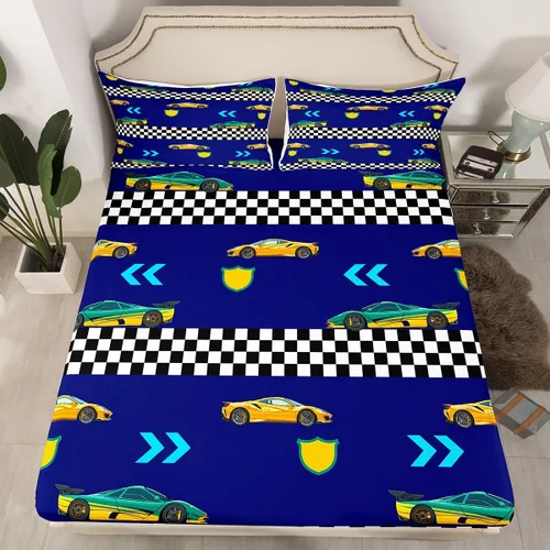 Vista 2 de Feelyou Juego de sábanas de auto de carreras, tamaño individual, juego de cama de coche deportivo de velocidad para niños y niñas, sábana bajera