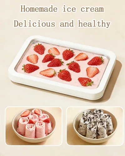 Vista 2 de Kit para hacer helados enrollados con tapa, 2 espátulas y guía de recetas - Bandeja de congelación instantánea para helado casero, actividades Verde