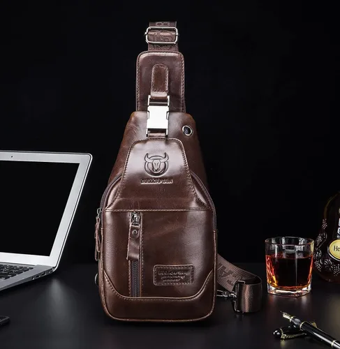 Vista 3 de BULLCAPTAIN Mochila bandolera de cuero genuino para hombre, multibolsillo, bandolera, bolsas de pecho, viajes, senderismo, mochila, Marrón